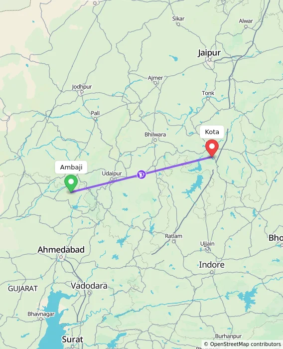 Route map showing distance and travel time from Ambaji, India to Kota, India