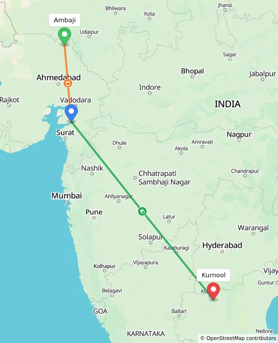 Route map showing distance and travel time from Ambaji, India to Kurnool, India