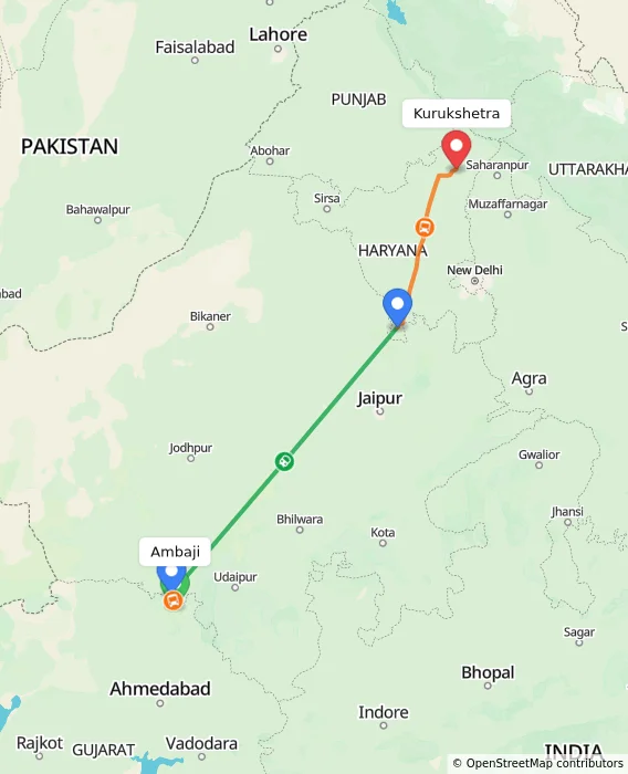 Route map showing distance and travel time from Ambaji, India to Kurukshetra, India