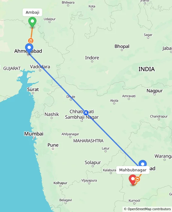 Route map showing distance and travel time from Ambaji, India to Mahbubnagar, India