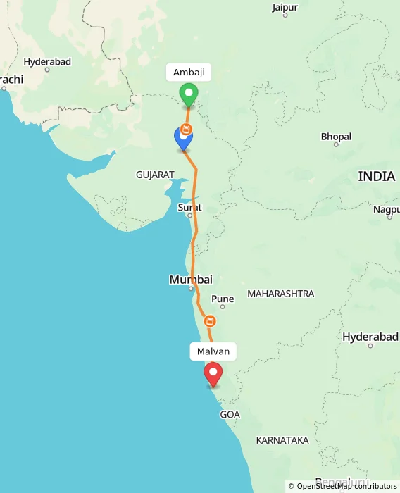 Route map showing distance and travel time from Ambaji, India to Malvan, India