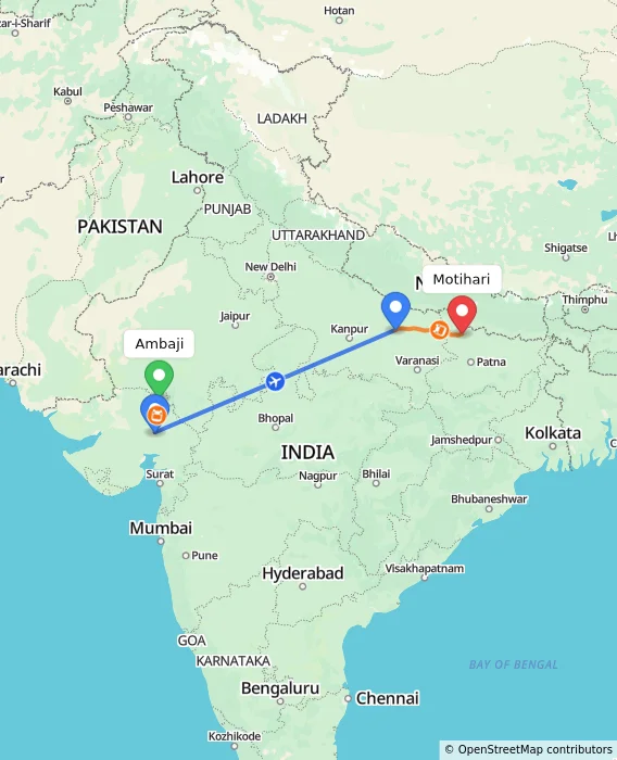 Route map showing distance and travel time from Ambaji, India to Motihari, India
