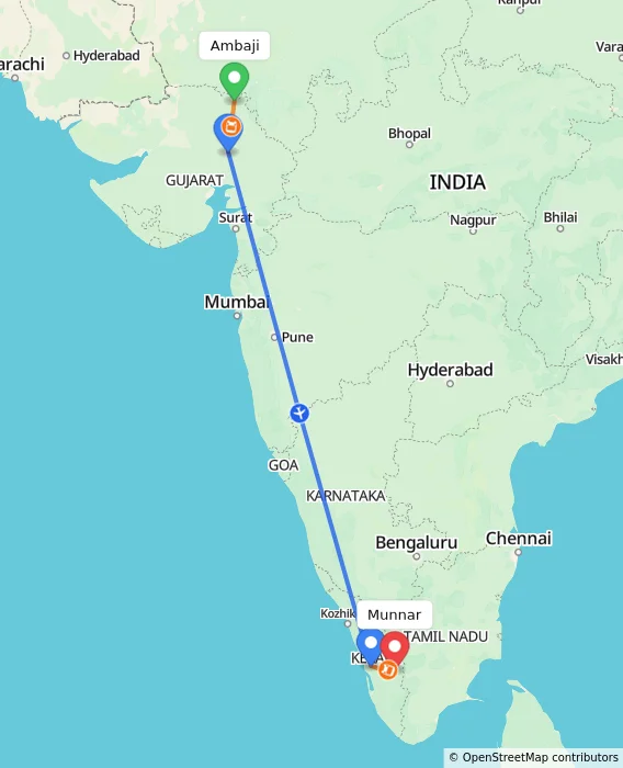 Route map showing distance and travel time from Ambaji, India to Munnar, India