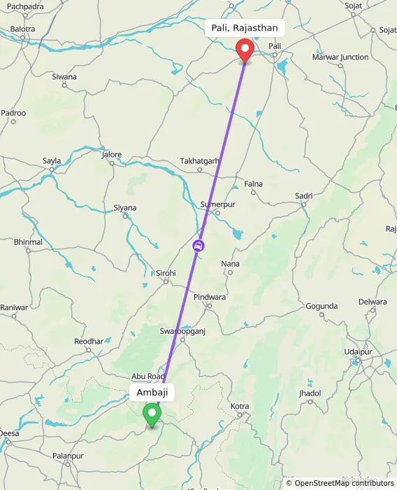Route map showing distance and travel time from Ambaji, India to Pali, Rajasthan, India