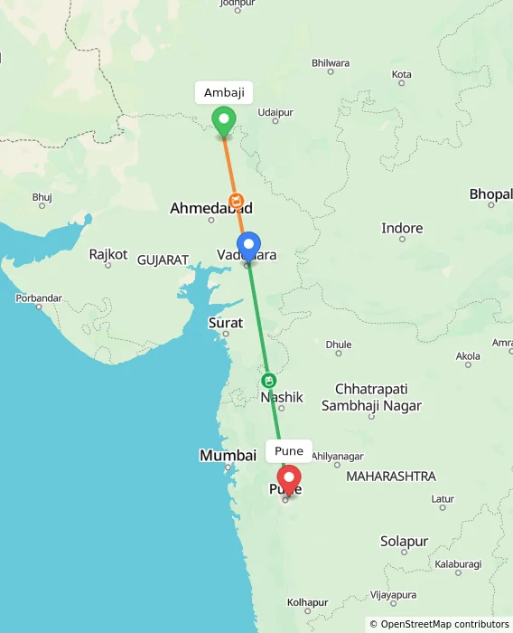 Route map showing distance and travel time from Ambaji, India to Pune, India