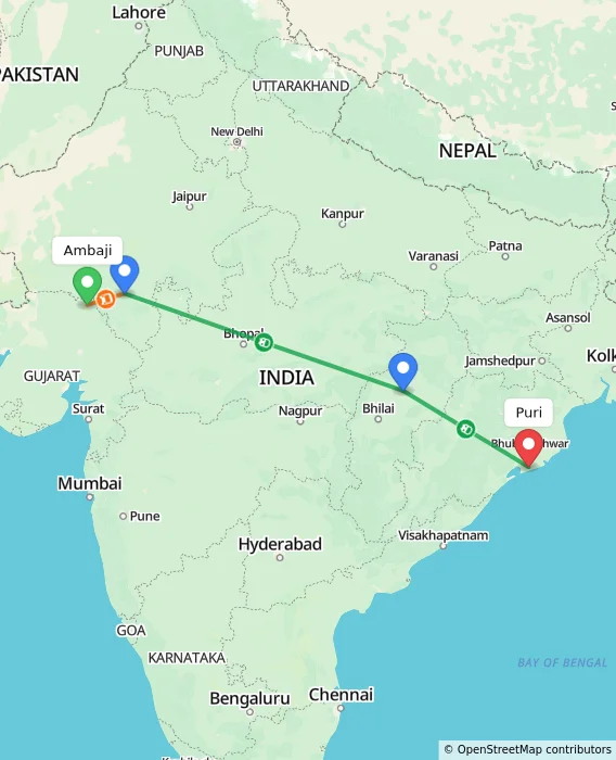 Route map showing distance and travel time from Ambaji, India to Puri, India