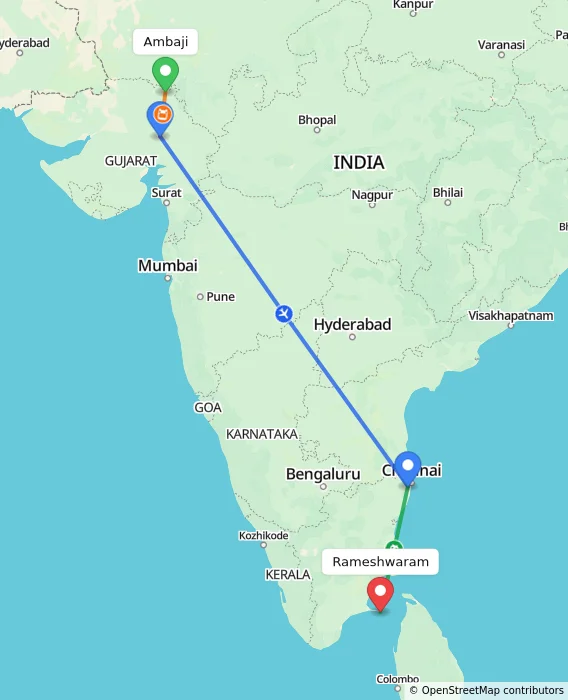 Route map showing distance and travel time from Ambaji, India to Rameshwaram, India