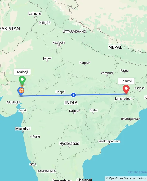 Route map showing distance and travel time from Ambaji, India to Ranchi, India