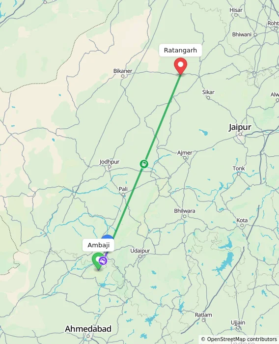 Route map showing distance and travel time from Ambaji, India to Ratangarh, India