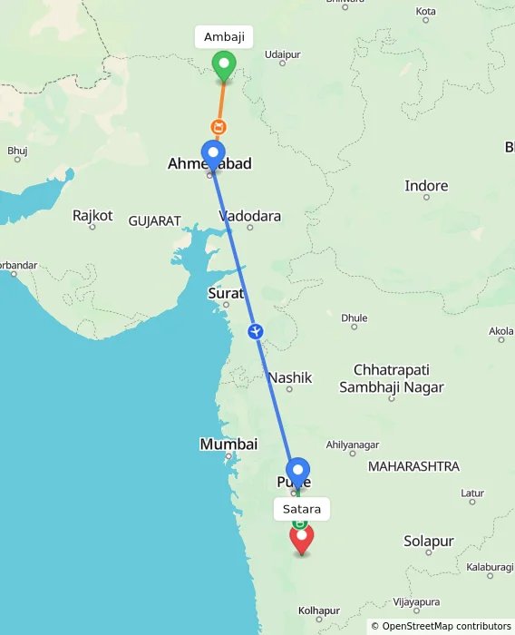 Route map showing distance and travel time from Ambaji, India to Satara, India