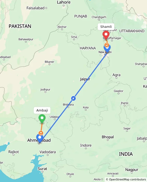 Route map showing distance and travel time from Ambaji, India to Shamli, India