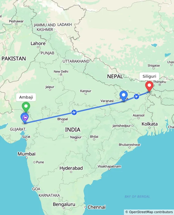 Route map showing distance and travel time from Ambaji, India to Siliguri, India