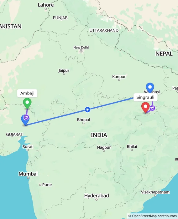 Route map showing distance and travel time from Ambaji, India to Singrauli, India