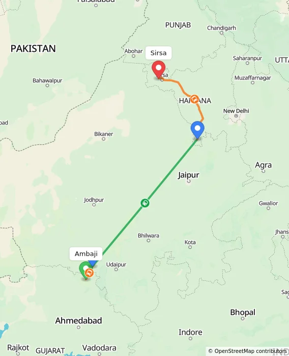 Route map showing distance and travel time from Ambaji, India to Sirsa, India