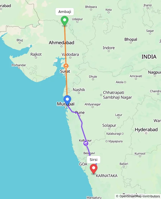Route map showing distance and travel time from Ambaji, India to Sirsi, India