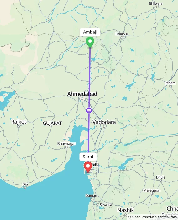 Route map showing distance and travel time from Ambaji, India to Surat, India