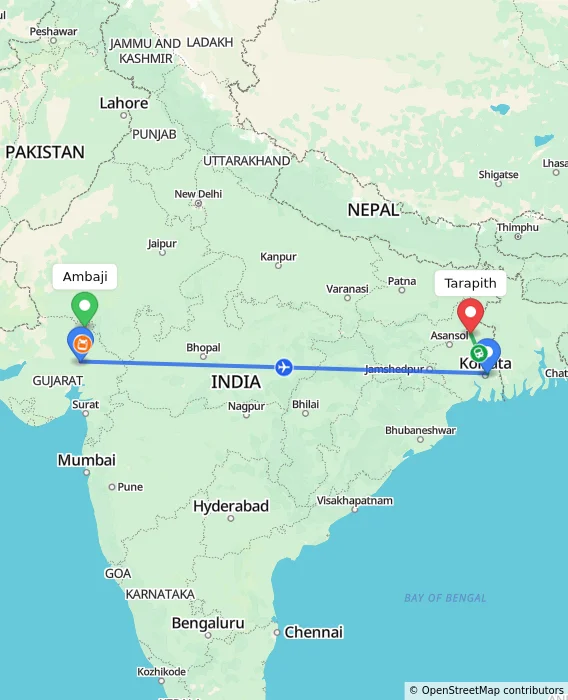 Route map showing distance and travel time from Ambaji, India to Tarapith, India