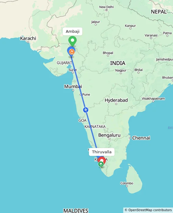 Route map showing distance and travel time from Ambaji, India to Thiruvalla, India