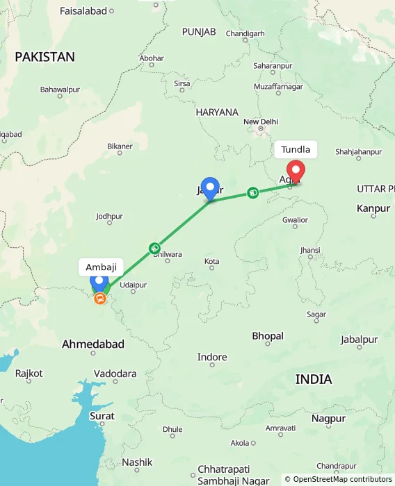 Route map showing distance and travel time from Ambaji, India to Tundla, India