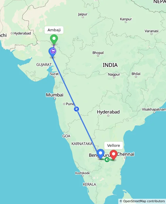 Route map showing distance and travel time from Ambaji, India to Vellore, India