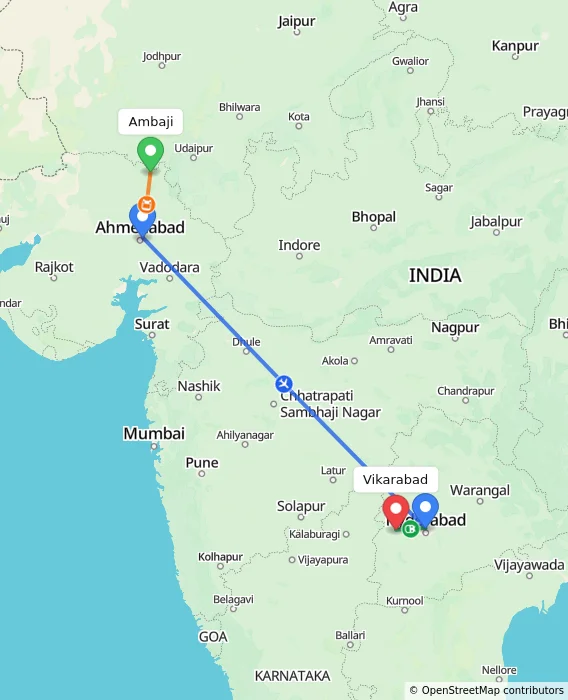 Route map showing distance and travel time from Ambaji, India to Vikarabad, India