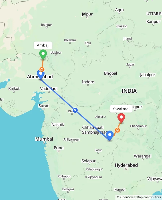 Route map showing distance and travel time from Ambaji, India to Yavatmal, India