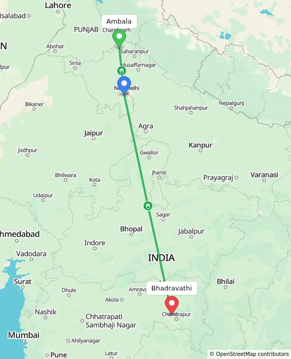Route map showing distance and travel time from Ambala, India to Bhadravathi, India