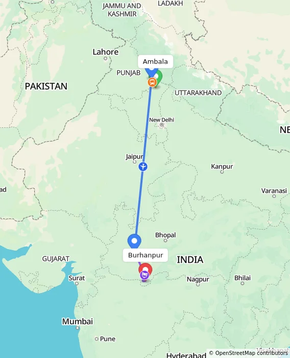 Route map showing distance and travel time from Ambala, India to Burhanpur, India