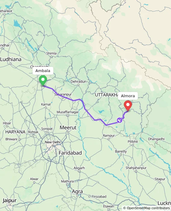 Route map showing distance and travel time from Ambala, India to Almora, India