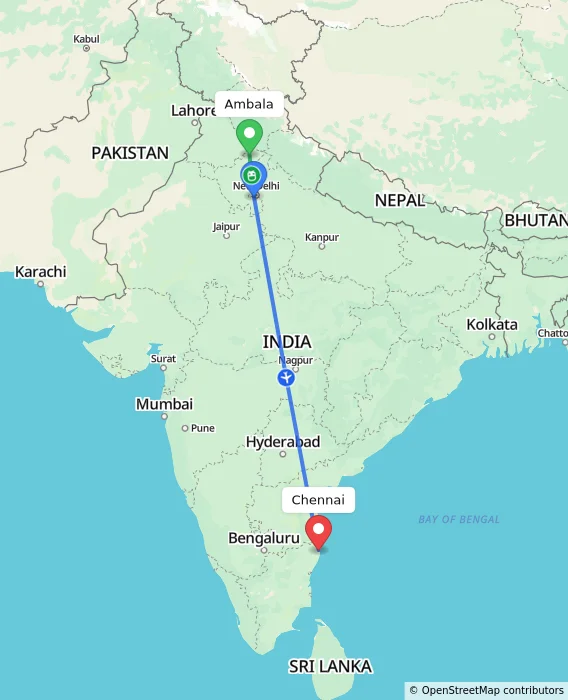 Route map showing distance and travel time from Ambala, India to Chennai, India