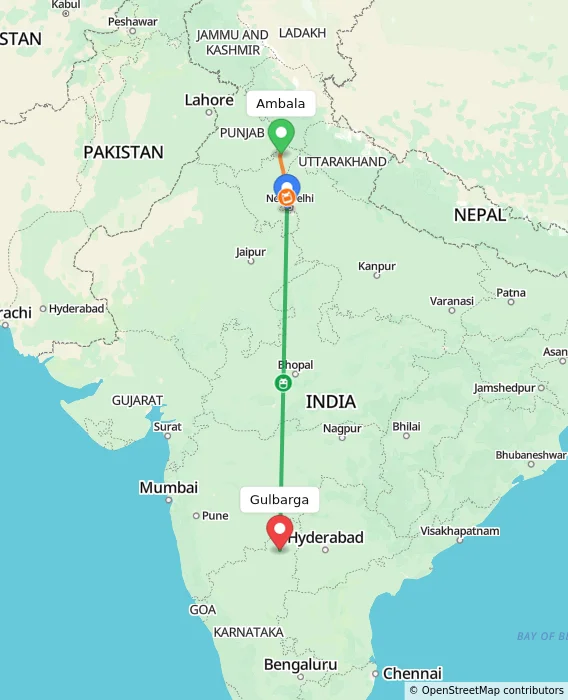 Route map showing distance and travel time from Ambala, India to Gulbarga, India