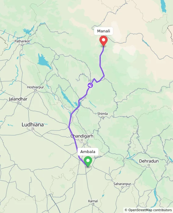Route map showing distance and travel time from Ambala, India to Manali, India