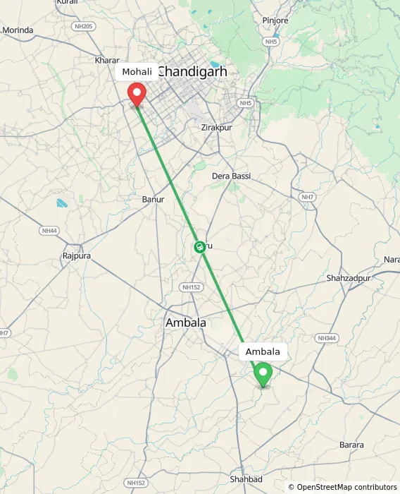 Route map showing distance and travel time from Ambala, India to Mohali, India