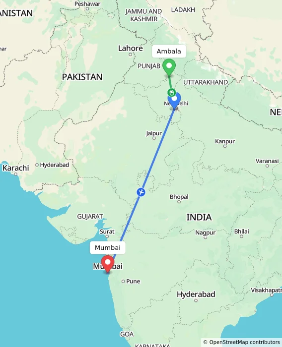 Route map showing distance and travel time from Ambala, India to Mumbai, India