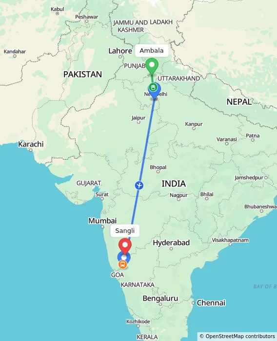 Route map showing distance and travel time from Ambala, India to Sangli, India