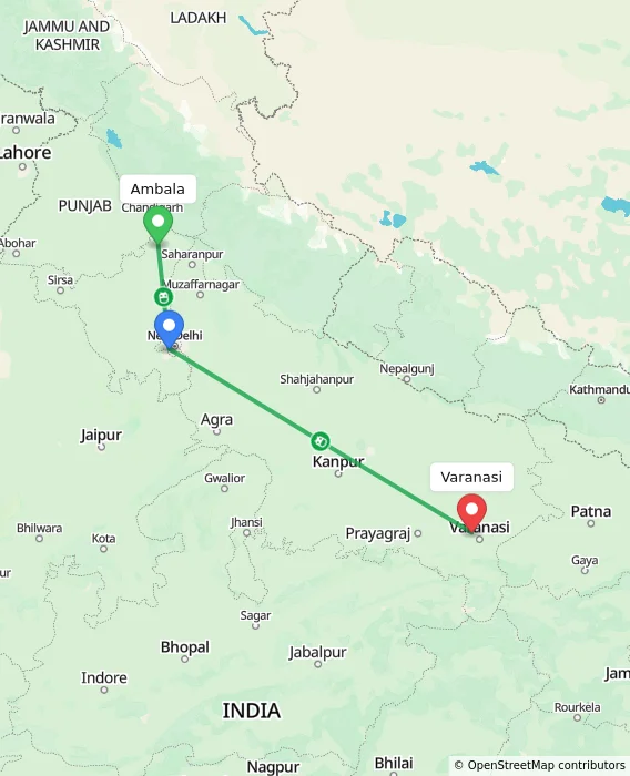 Route map showing distance and travel time from Ambala, India to Varanasi, India