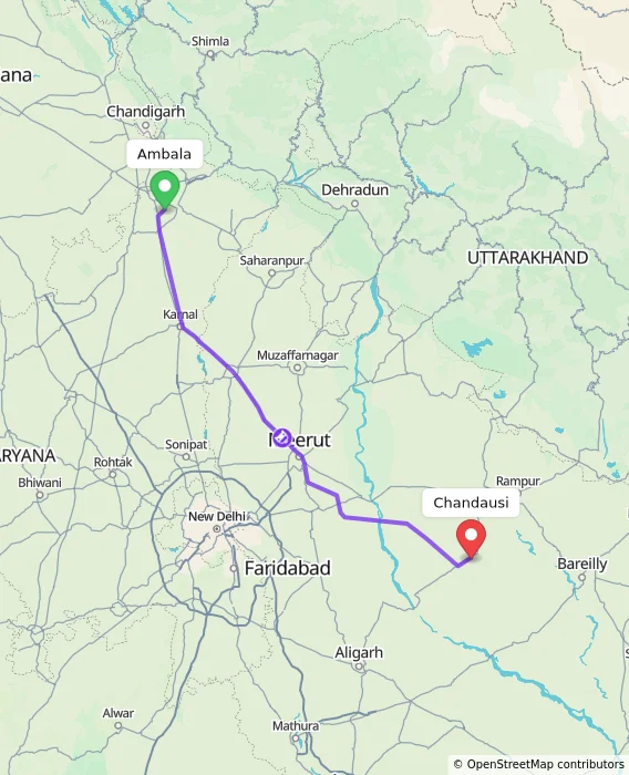 Route map showing distance and travel time from Ambala, India to Chandausi, India