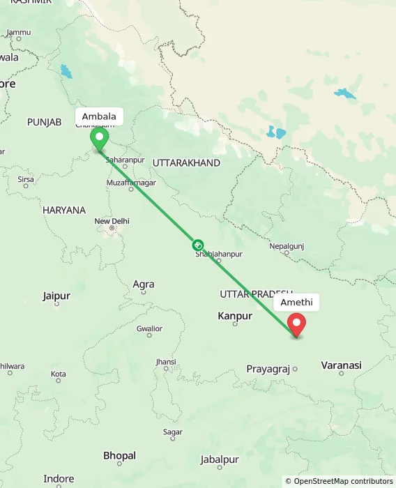 Route map showing distance and travel time from Ambala, India to Amethi, India
