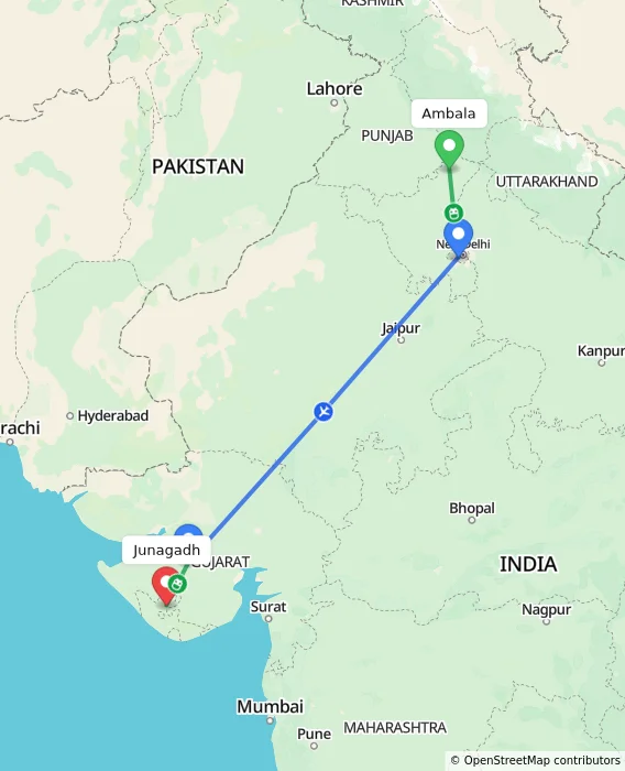 Route map showing distance and travel time from Ambala, India to Junagadh, India