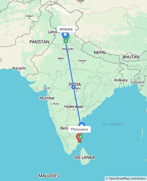 Route map showing distance and travel time from Ambala, India to Thiruvarur, India