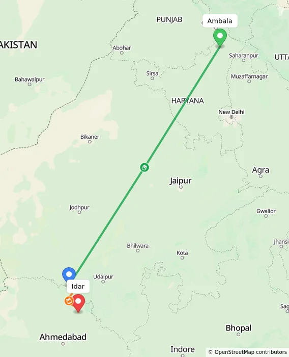 Route map showing distance and travel time from Ambala, India to Idar, India