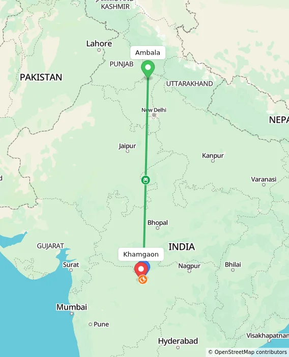 Route map showing distance and travel time from Ambala, India to Khamgaon, India