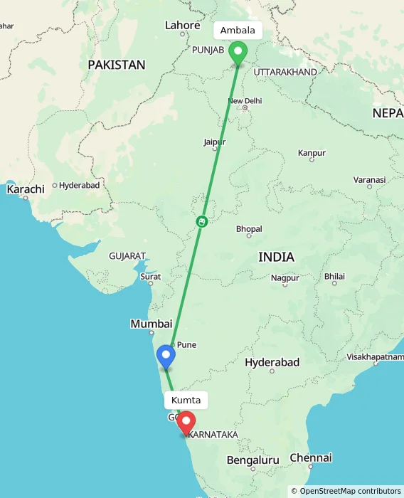 Route map showing distance and travel time from Ambala, India to Kumta, India