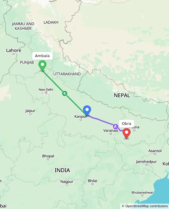 Route map showing distance and travel time from Ambala, India to Obra, India