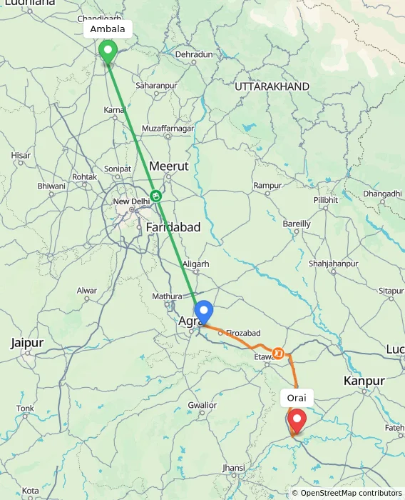 Route map showing distance and travel time from Ambala, India to Orai, India