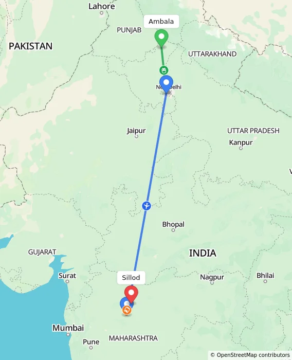 Route map showing distance and travel time from Ambala, India to Sillod, India