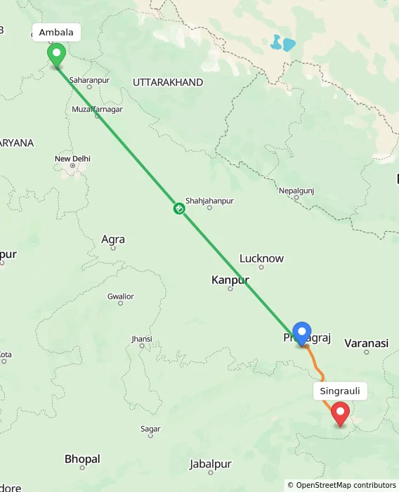 Route map showing distance and travel time from Ambala, India to Singrauli, India