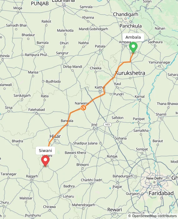 Route map showing distance and travel time from Ambala, India to Siwani, India