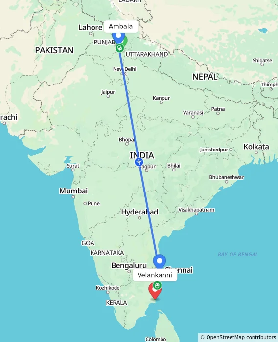 Route map showing distance and travel time from Ambala, India to Velankanni, India