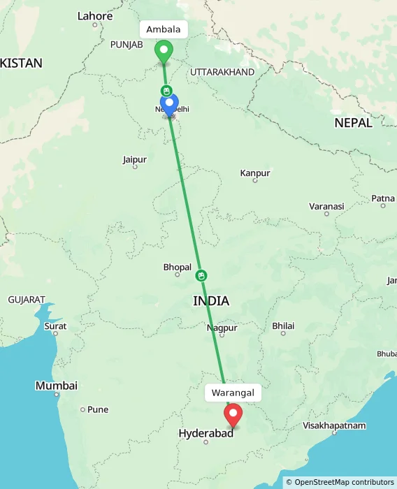 Route map showing distance and travel time from Ambala, India to Warangal, India